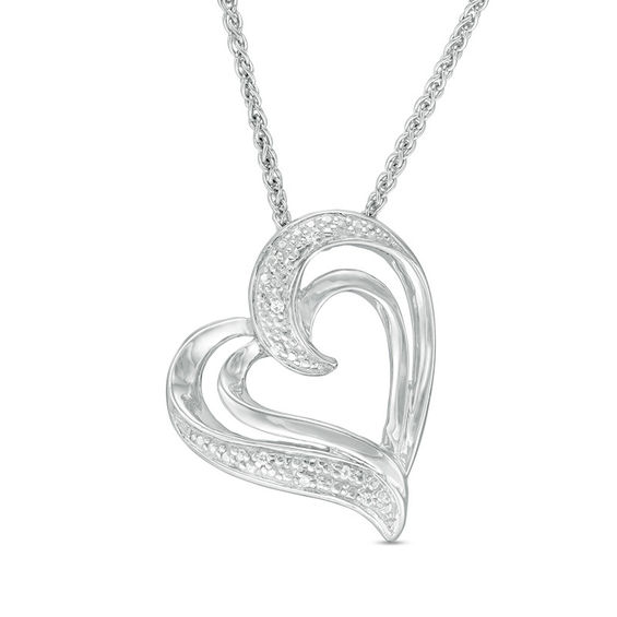 Diamond Accent Tilted Double Heart Bolo Necklace in Sterling Silver - 30"