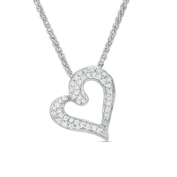 0.18 CT. T.W. Diamond Tilted Heart Bolo Necklace in Sterling Silver - 30"