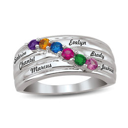 Mother's Birthstone Slant Multi-Row Ring (6 Stones and Names)