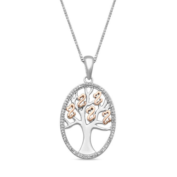 Open Hearts by Jane Seymour™ 0.10 CT. T.W. Diamond Family Tree Oval Pendant in Sterling Silver and 10K Rose Gold