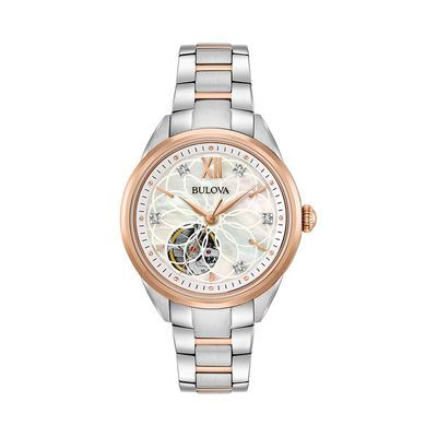 Ladies' Bulova Automatic Diamond Accent Two-Tone Watch with Mother-of-Pearl Skeleton Dial (Model: 98P170)