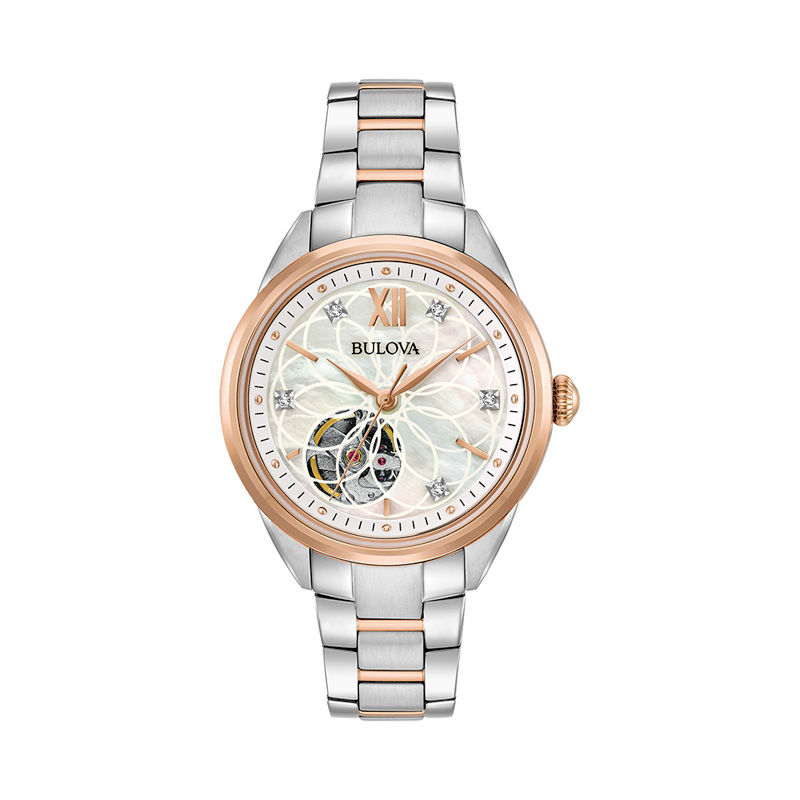 Ladies' Bulova Automatic Diamond Accent Two-Tone Watch with Mother-of-Pearl Skeleton Dial (Model: 98P170)|Peoples Jewellers