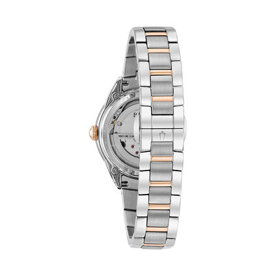 Ladies' Bulova Automatic Diamond Accent Two-Tone Watch with Mother-of-Pearl Skeleton Dial (Model: 98P170)