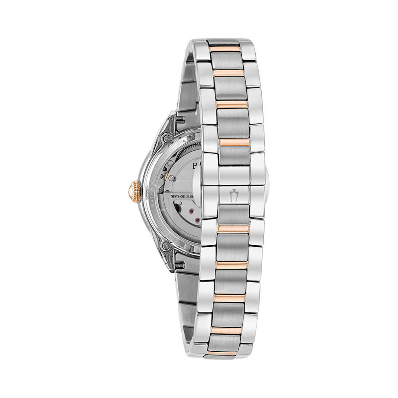 Ladies' Bulova Automatic Diamond Accent Two-Tone Watch with Mother-of-Pearl Skeleton Dial (Model: 98P170)|Peoples Jewellers