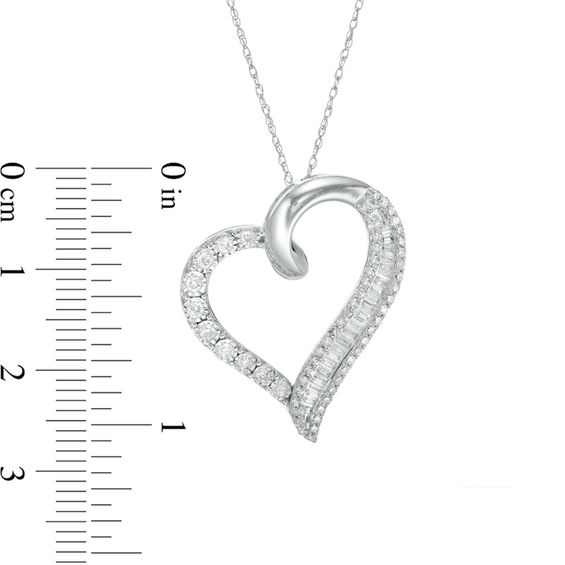 0.50 CT. T.W. Baguette and Round Diamond Tilted Heart Pendant in 10K White Gold