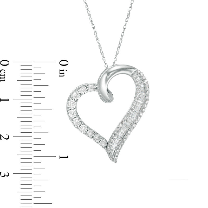 0.50 CT. T.W. Baguette and Round Diamond Tilted Heart Pendant in 10K White Gold|Peoples Jewellers