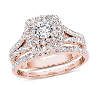 0.95 CT. T.W. Diamond Double Cushion Frame Split Shank Bridal Set in 14K Rose Gold