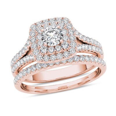 0.95 CT. T.W. Diamond Double Cushion Frame Split Shank Bridal Set in 14K Rose Gold