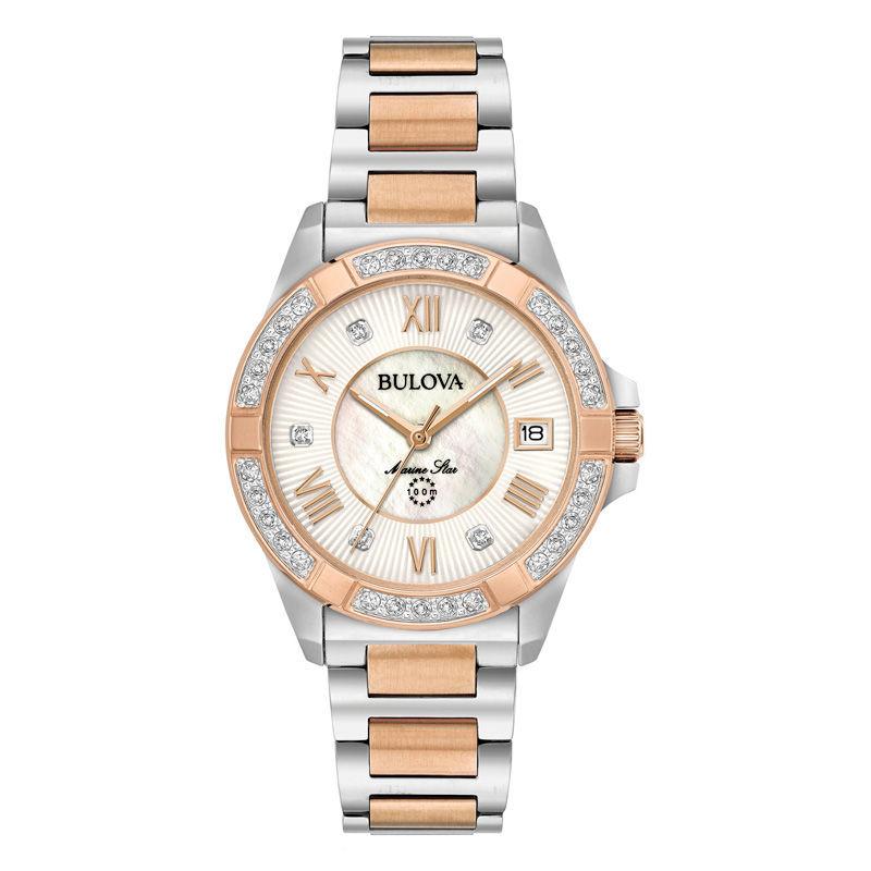 Ladies' Bulova Marine Star 0.10 CT. T.W. Diamond Two-Tone Watch with Mother-of-Pearl Dial (Model: 98R234)|Peoples Jewellers
