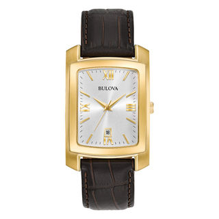 Men's Bulova Classic Collection Gold-Tone Strap Watch with Rectangular Ivory Dial (Model: 97B162)