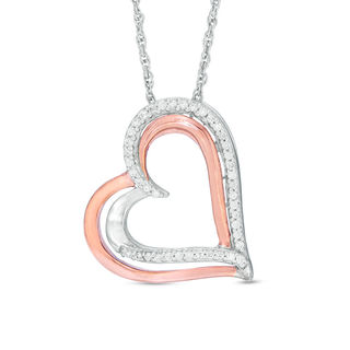 0.11 CT. T.W. Diamond Tilted Overlay Double Heart Pendant in Sterling Silver and 10K Rose Gold