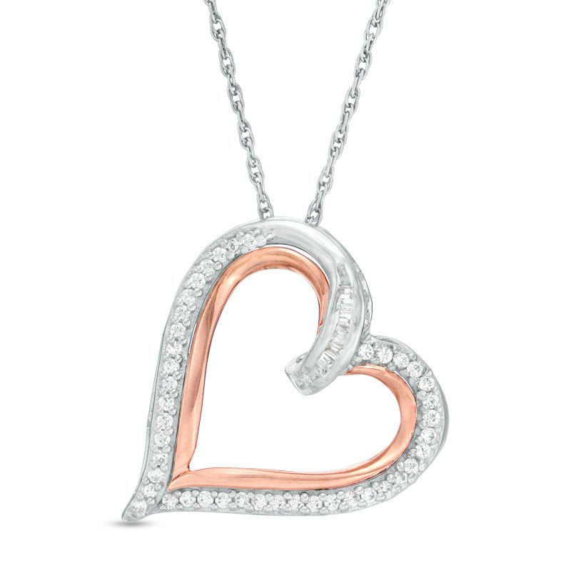0.23 CT. T.W. Baguette and Round Diamond Tilted Heart Pendant in Sterling Silver and 10K Rose Gold|Peoples Jewellers