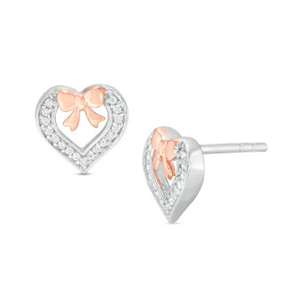 0.09 CT. T.W. Diamond Bow and Heart Stud Earrings in Sterling Silver and 10K Rose Gold