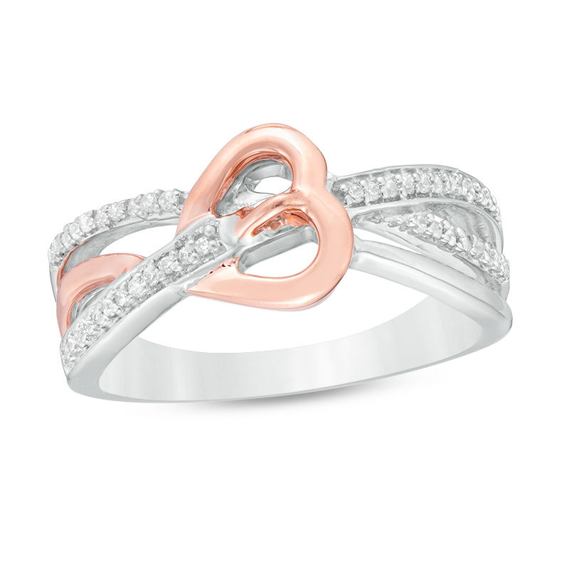0.15 CT. T.W. Diamond Sideways Heart Crossover Ring in Sterling Silver and 10K Rose Gold|Peoples Jewellers