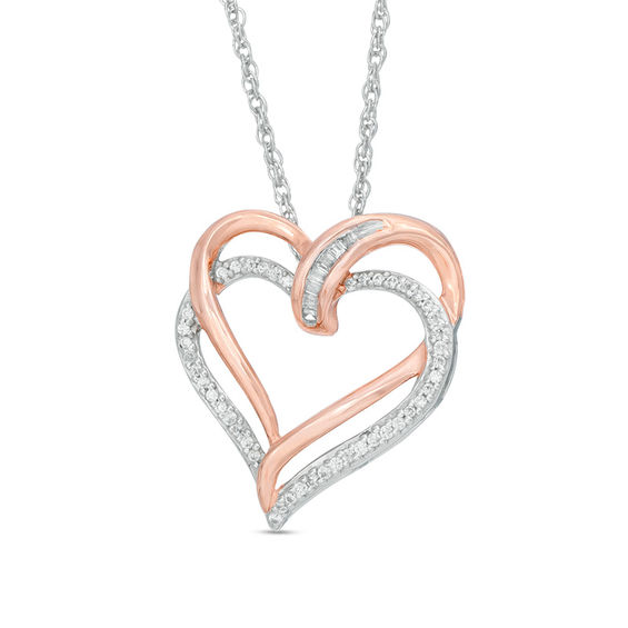 CT. T.W. Baguette and Round Diamond Tilted Double Heart Pendant in Sterling Silver with 14K Rose Gold Plate