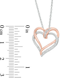 CT. T.W. Baguette and Round Diamond Tilted Double Heart Pendant in Sterling Silver with 14K Rose Gold Plate