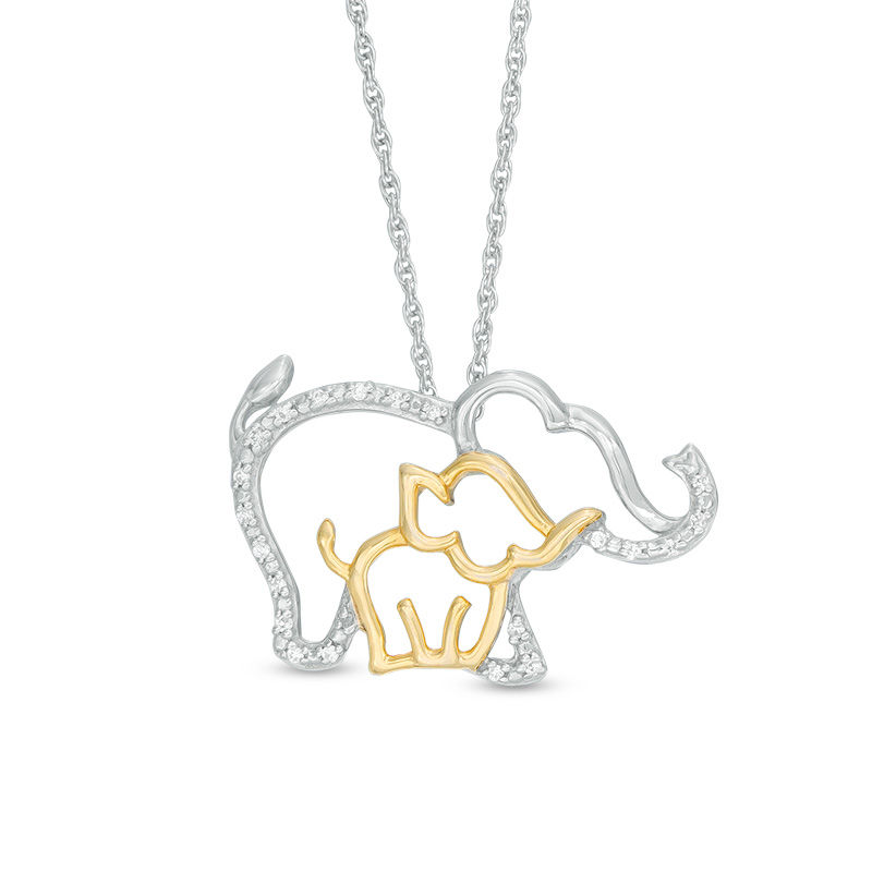 Diamond Accent Elephant and Calf Pendant in Sterling Silver and 10K Gold|Peoples Jewellers