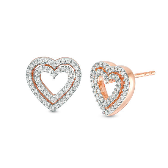 0.18 CT. T.W. Diamond Double Heart Stud Earrings in 10K Rose Gold