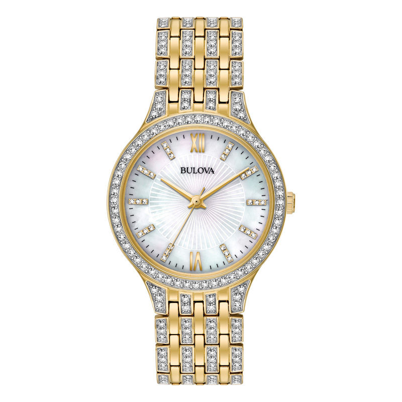 Ladies' Bulova Crystal Accent Gold-Tone Watch with Mother-of-Pearl Dial (Model: 98L234)