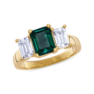 Emerald-Cut Lab-Created Emerald and White Topaz Three Stone Ring in 10K Gold