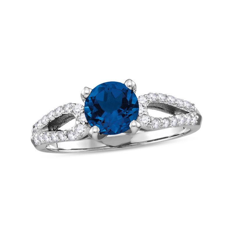 6.5mm Blue Sapphire and 0.24 CT. T.W. Diamond Split Shank Ring in 10K White Gold|Peoples Jewellers