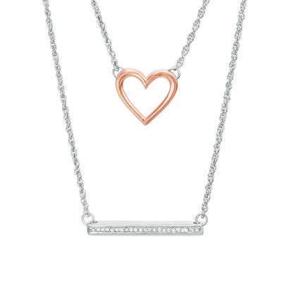 0.07 CT. T.W. Diamond Heart and Bar Double Strand Necklace in Sterling Silver and 10K Rose Gold - 20"