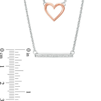 0.07 CT. T.W. Diamond Heart and Bar Double Strand Necklace in Sterling Silver and 10K Rose Gold - 20"