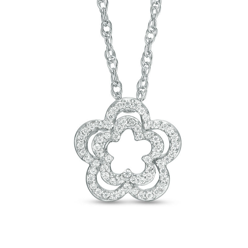 0.09 CT. T.W. Diamond Double Flower Pendant in Sterling Silver|Peoples Jewellers