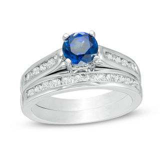 6.0mm Lab-Created Blue and White Sapphire Bridal Set in Sterling Silver