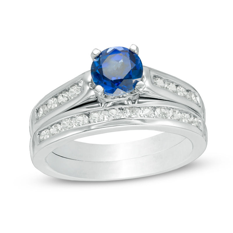 6.0mm Lab-Created Blue and White Sapphire Bridal Set in Sterling Silver|Peoples Jewellers