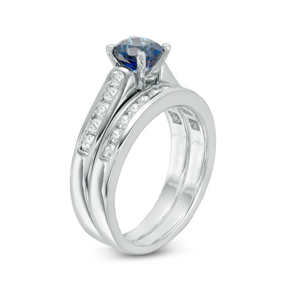 6.0mm Lab-Created Blue and White Sapphire Bridal Set in Sterling Silver