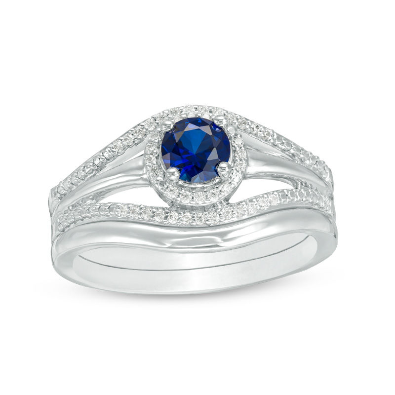 Lab-Created Blue Sapphire and 0.11 CT. T.W. Diamond Split Shank Bridal Set in Sterling Silver