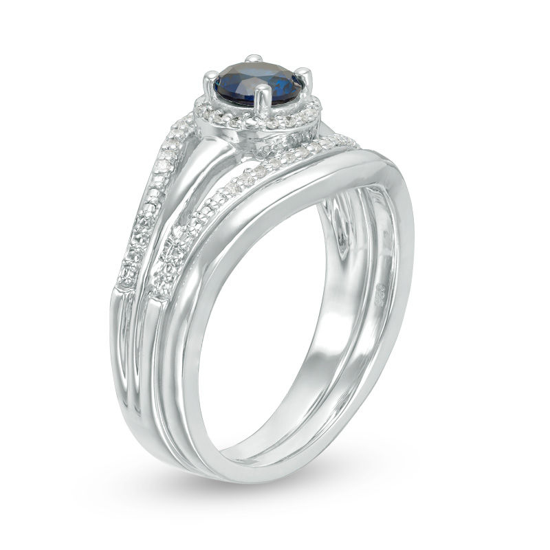 Lab-Created Blue Sapphire and 0.11 CT. T.W. Diamond Split Shank Bridal Set in Sterling Silver