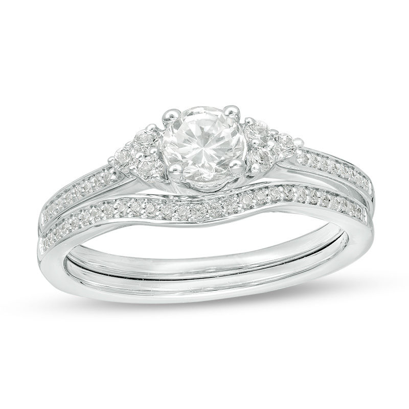 Lab-Created White Sapphire and 0.11 CT. T.W. Diamond Tri-Sides Bridal Set in Sterling Silver|Peoples Jewellers