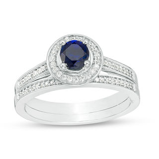 Lab-Created Blue Sapphire and 0.16 CT. T.W. Diamond Frame Bridal Set in Sterling Silver