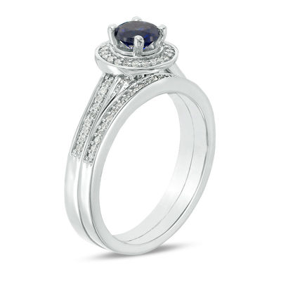 Lab-Created Blue Sapphire and 0.16 CT. T.W. Diamond Frame Bridal Set in Sterling Silver