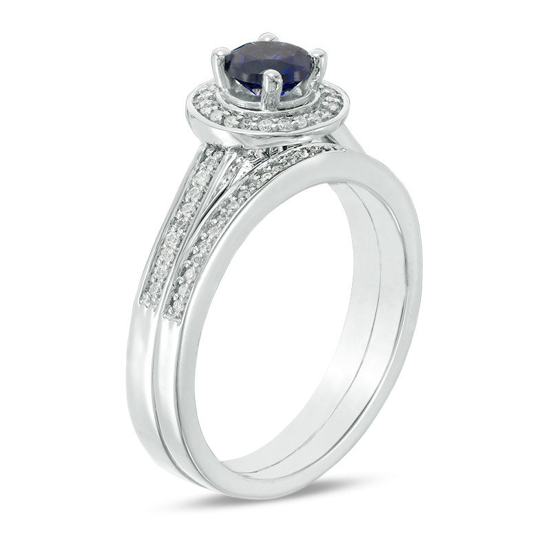 Lab-Created Blue Sapphire and 0.16 CT. T.W. Diamond Frame Bridal Set in Sterling Silver|Peoples Jewellers