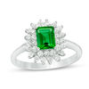 Emerald-Cut Lab-Created Emerald and White Sapphire Sunburst Frame Ring in Sterling Silver