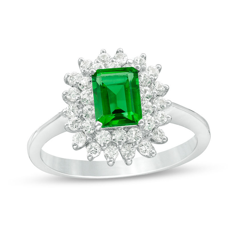 Emerald-Cut Lab-Created Emerald and White Sapphire Sunburst Frame Ring in Sterling Silver|Peoples Jewellers