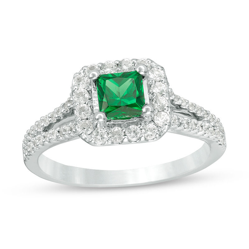 Princess-Cut Lab-Created Emerald, White Sapphire and 0.23 CT. T.W. Diamond Frame Engagement Ring in Sterling Silver|Peoples Jewellers