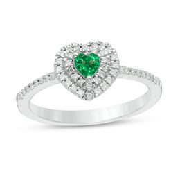 Lab-Created Emerald and 0.18 CT. T.W. Diamond Double Frame Heart Promise Ring in Sterling Silver