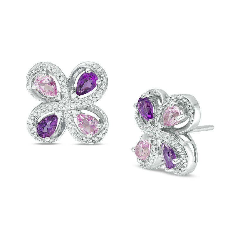 Pear-Shaped Amethyst, Lab-Created Pink Sapphire and 0.15 CT. T.W. Diamond Swirl Frame Stud Earrings in Sterling Silver|Peoples Jewellers