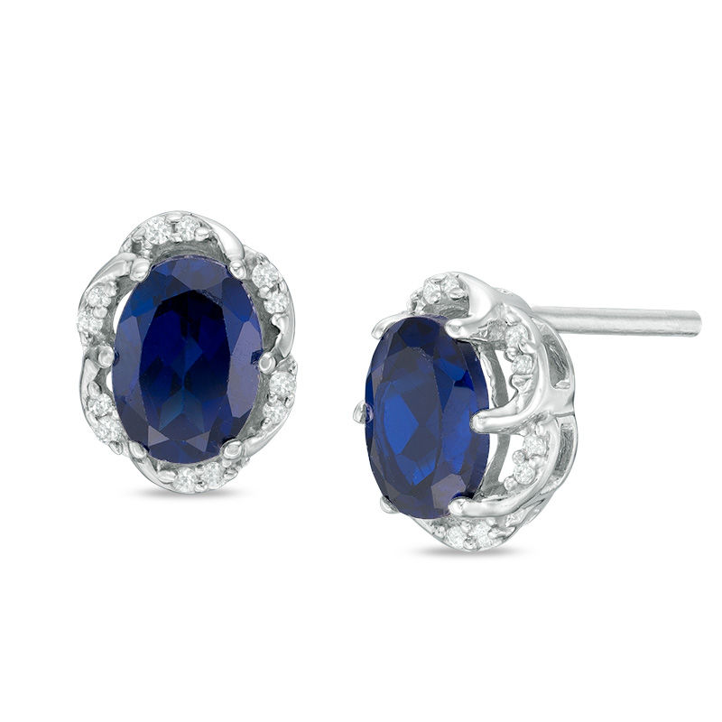 Oval Lab-Created Blue Sapphire and 0.09 CT. T.W. Diamond Frame Stud Earrings in Sterling Silver|Peoples Jewellers