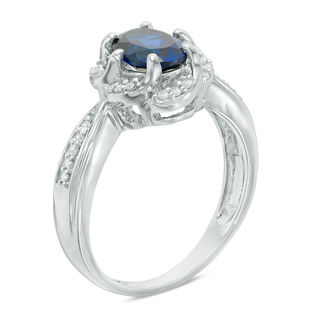 Oval Lab-Created Blue Sapphire and 0.09 CT. T.W. Diamond Frame Ring in Sterling Silver