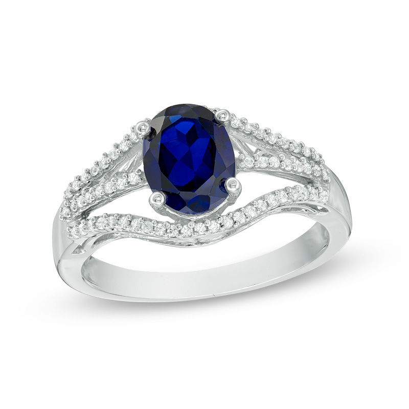 Oval Lab-Created Blue Sapphire and 0.18 CT. T.W. Diamond Split Shank Ring in Sterling Silver|Peoples Jewellers