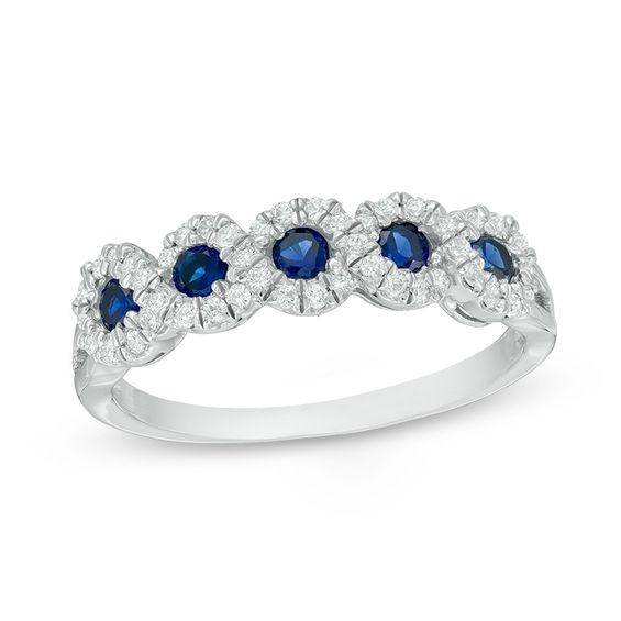 Lab-Created Blue Sapphire and 0.22 CT. T.W. Diamond Frame Five Stone Ring in 10K White Gold