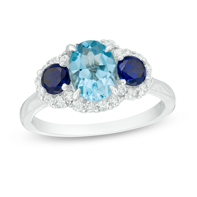 Oval Blue Topaz, Lab-Created Blue and White Sapphire Three Stone Ring in Sterling Silver|Peoples Jewellers