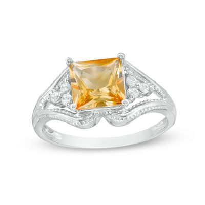 7.25mm Princess-Cut Citrine and Lab-Created White Sapphire Split Shank Ring in Sterling Silver