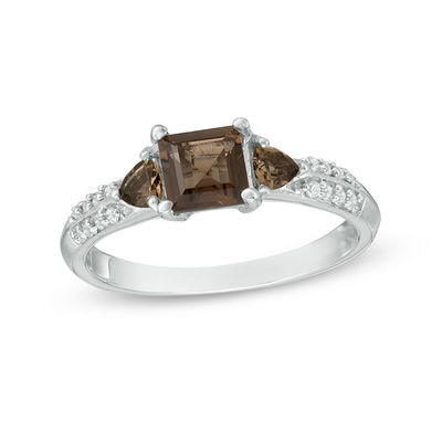 Smoky Quartz and Diamond Accent Three Stone Ring in Sterling Silver