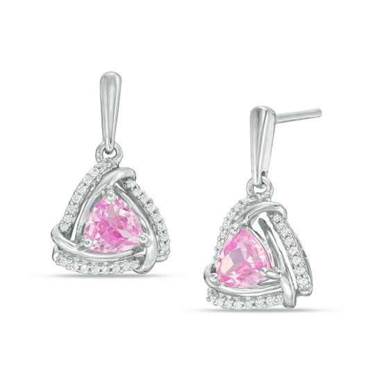 5.0mm Trillion-Cut Lab-Created Pink Sapphire and 0.15 CT. T.W. Diamond Swirl Frame Drop Earrings in Sterling Silver